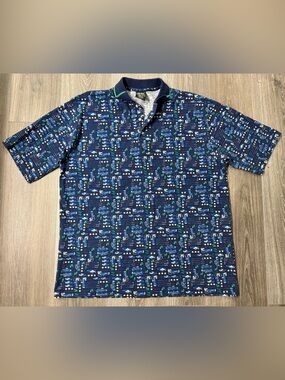 Vintage Chip Beck Polo Shirt All Over Golf Bag Club Shoe Print Blue XL
